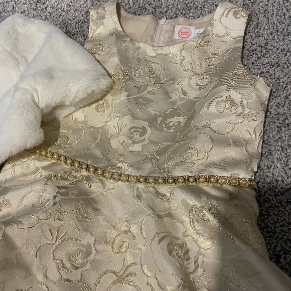Girls Wonder Nation gold holiday dress w/ white soft jacket. Size 7 - Picture 2 of 6